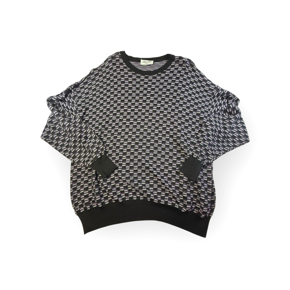 Marcello Made in Italy Knit Sweater Geometric Pattern Black Purple White‎ Sz XL